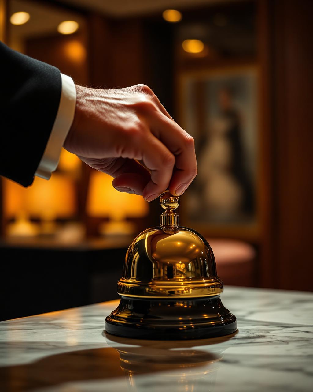 Concierge ringing a polished brass bell at a luxury hotel front desk